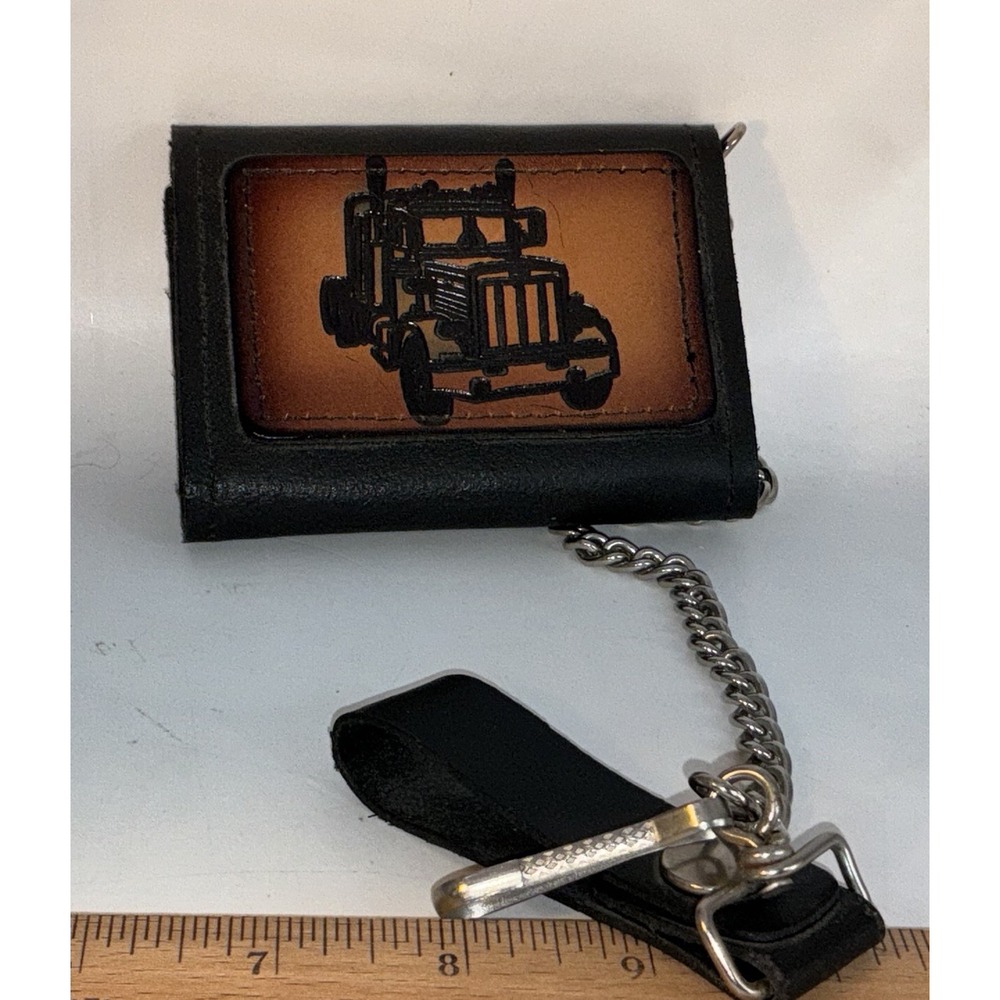 Genuine Leather Tri-fold Black Biker Wallet On Chain Pic Of Semi Truck